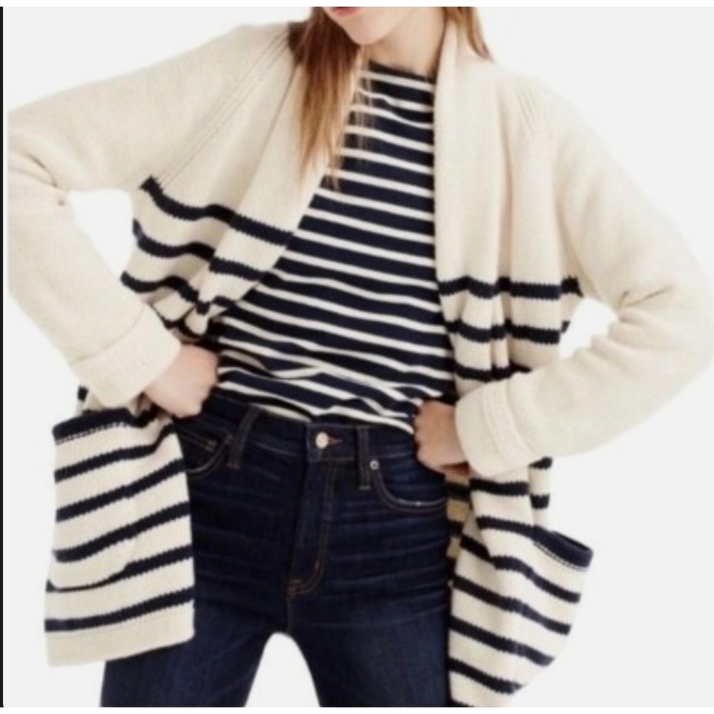 J. Crew W SML Stripe Shawl Collar Cardigan Sweater Cream Navy Cotton wool Blend - Picture 2 of 9